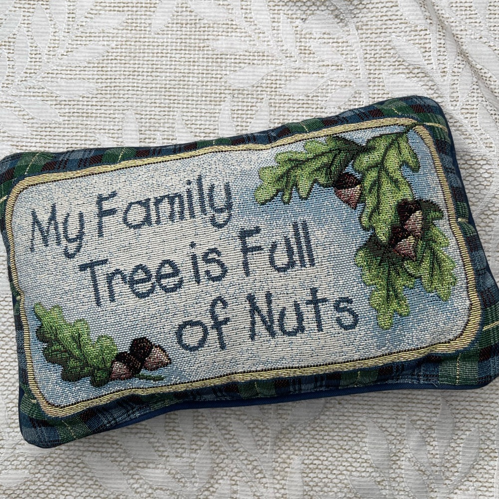 My Family Tree is Full of Nuts Tapestry Oak Leaf Blue Tartan Plaid Lumbar Pillow